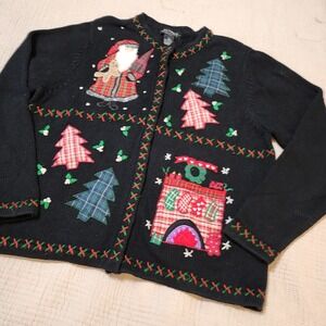 Vintage‎ Festive Christmas Sweater Button Up Cardigan Santa Plaid Tree Womens Lg